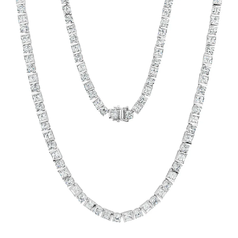 Stone weave necklaces-Round Brilliant and Baguette tennis necklace with 22 carats* of diamond simulants in 10 carat white gold