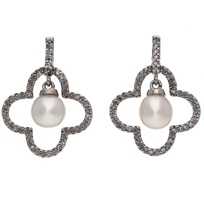 Fine threader earrings-14K White Gold Diamond and Pearl Dangle Earrings