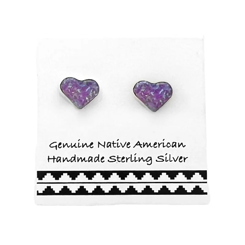 Light Purple Desert Opal Heart Stud Earrings, 925 Sterling Silver, Native American USA Handmade, Nickel Free