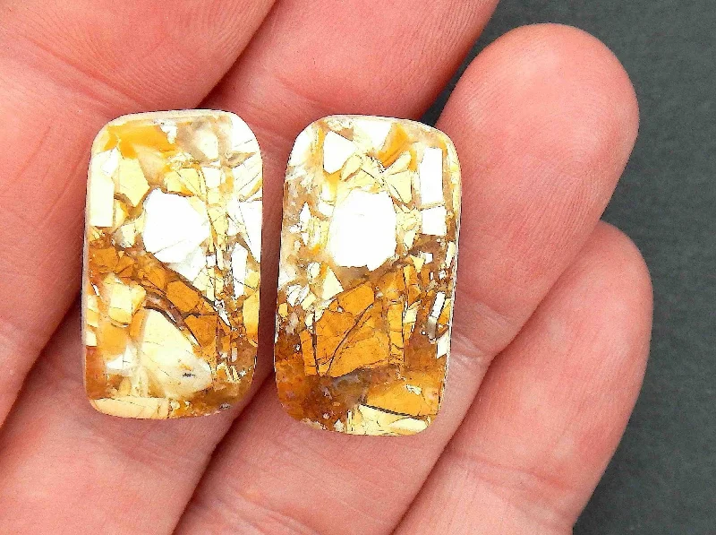 Stud earrings with large mookite jasper rounded rectangles, white-caramel-orange pattern, stainless steel posts