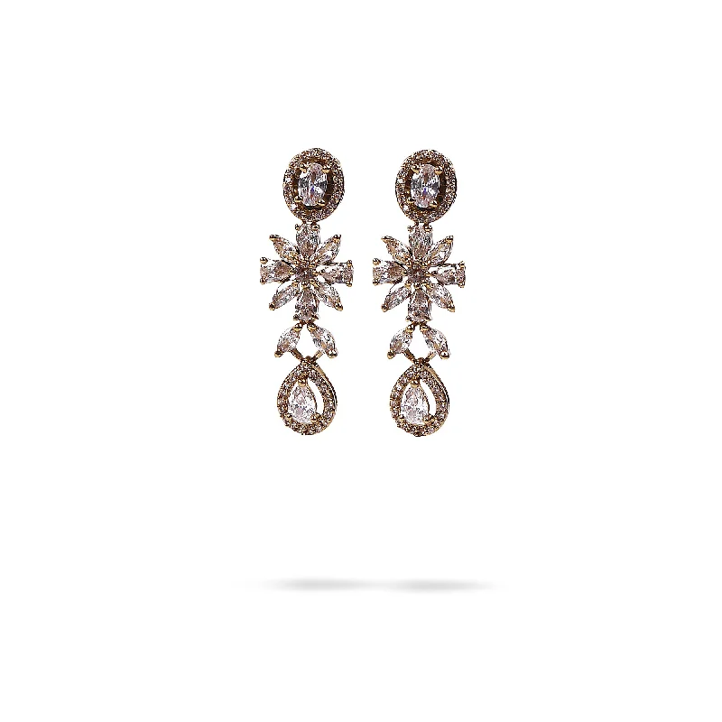 Ripple theme earrings-Floral Cubic Zirconia Earrings in White and Antique Gold