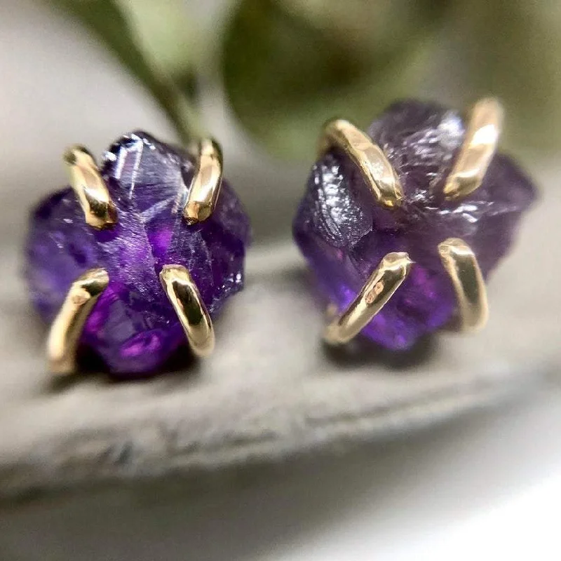 Tiny triangle earrings-Raw Amethyst Stud Earrings