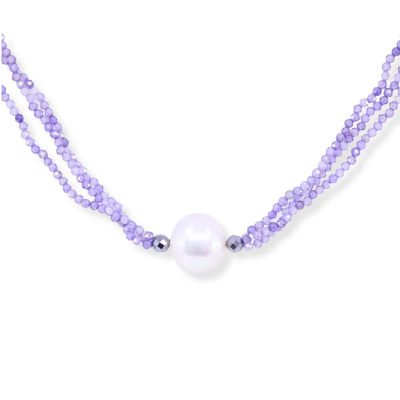 Sapphire gem necklaces-STERLING SILVER PEARL AND PURPLE ZIRCON STRAND NECKLACE