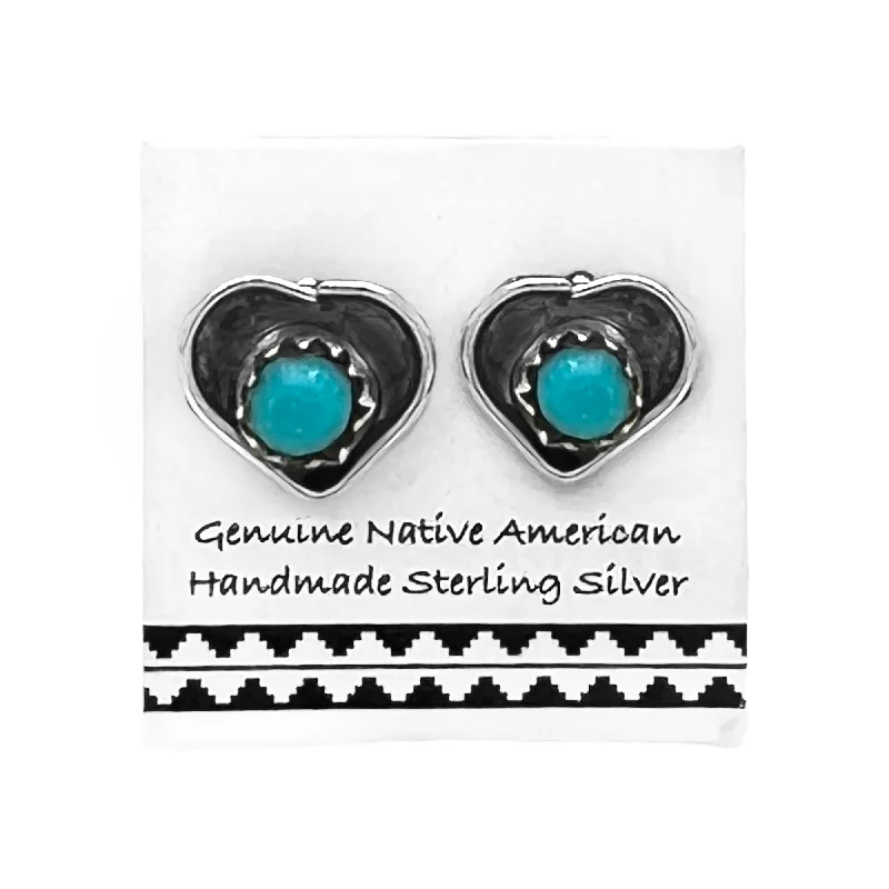 Genuine Sleeping Beauty Turquoise Heart Stud Earrings, 925 Sterling Silver, Authentic Native American USA Handmade, Light Blue