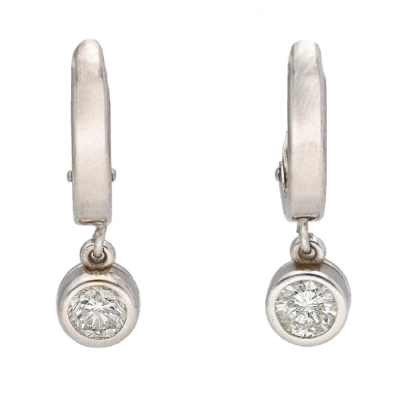 Pink gold earrings-14K White Gold Bezel Set Round Diamond Drop Earrings