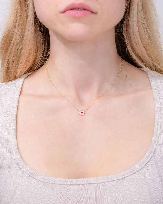 Ruby drop necklaces-Mini Ruby Double Diamond Halo Necklace