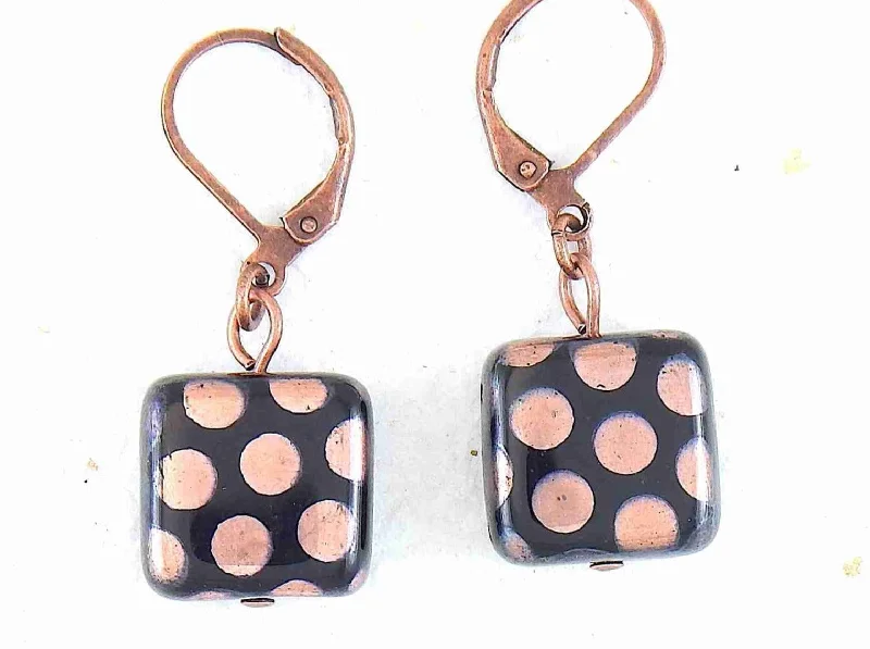 Short earrings with small shiny black Czech glass squares, small multicolored or copper dots, silver or rose gold-toned stainless steel lever back hooks