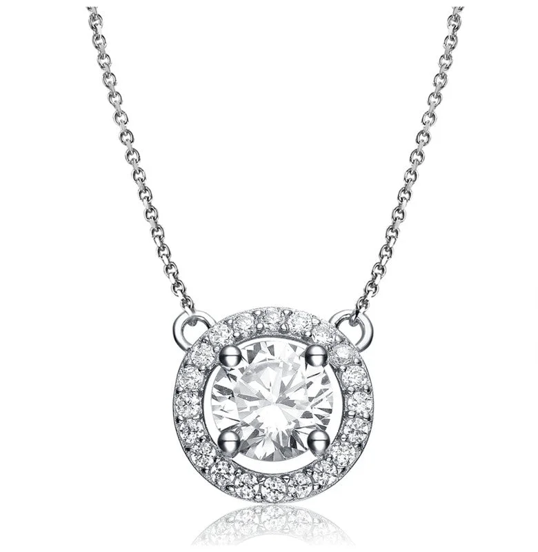 Bear charm necklaces-White Gold Plated with Clear Cubic Zirconia Round Solitaire Necklace