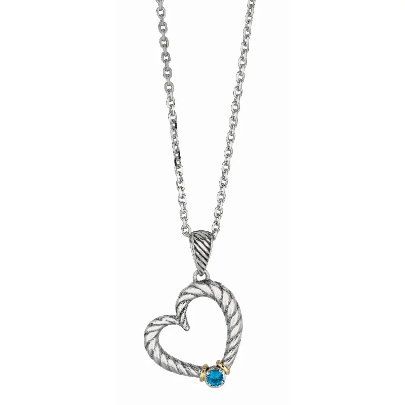 Curved pendant necklaces-18Kt Yellow Gold+Sterling Silver Open Heart Blue Topaz Pendant On 18 inches Silver with Rhodium Stardust Finishlink Chain.  inchesPopcorn inches Collection.