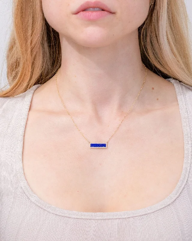 Simple cross necklaces-Lapis Inlay Bar Pavé Diamond Halo Necklace