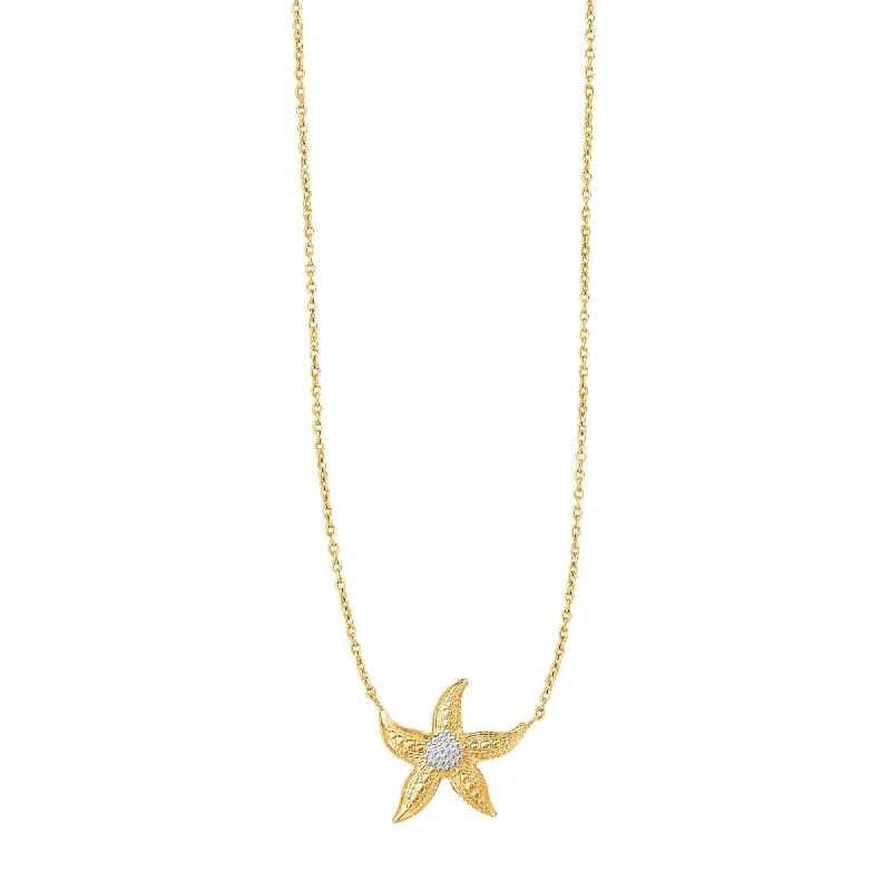 Luxe diamond necklaces-14kt 18 inches Yellow+White Gold Shiny Cable Chain with Lobster Clasp+Starfish Sea Life Necklace