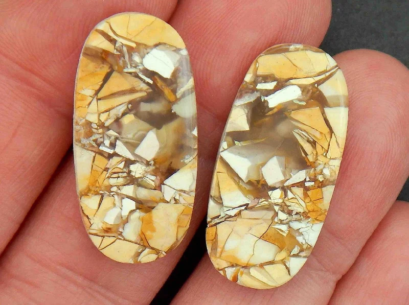 Stud earrings with large mookite jasper ovals, white-caramel-orange pattern, stainless steel posts