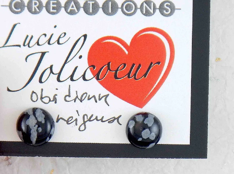 Ear studs with 8mm round snowflake obsidian stone cabochons, stainless steel posts