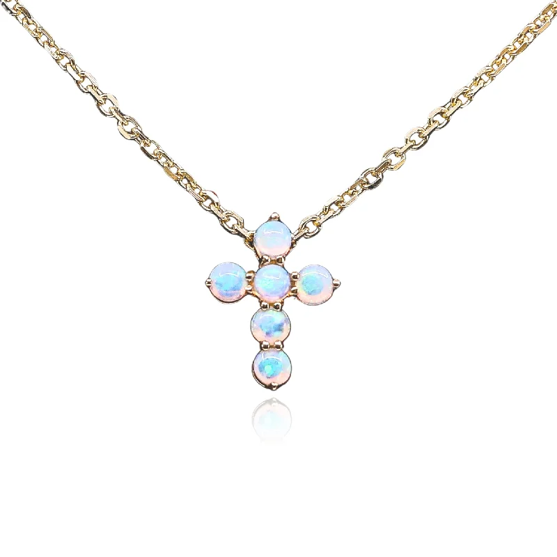 Vine weave necklaces-14K YELLOW GOLD AUSTRALIAN OPAL CROSS NECKLACE