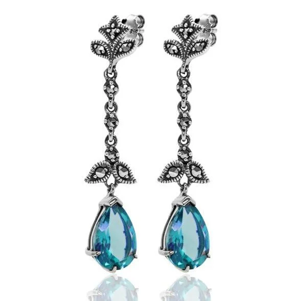 Tiered drop earrings-Blue Topaz & Marcasite Earrings