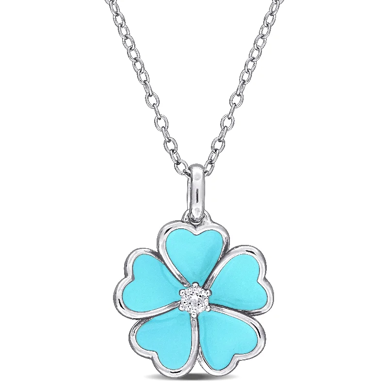 Tiered chain necklaces-Mimi & Max 1/10ct TGW White Topaz Light Blue Enamel Plated Flower Necklace Sterling Silver