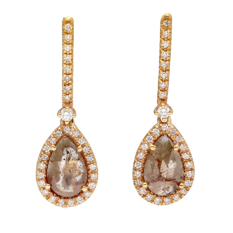 Woven cord earrings-14K Rose Gold Rough Cut Diamond with Diamond Halos Lever Back Dangle Earrings