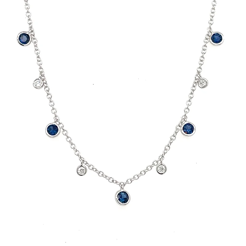 Flow shape necklaces-14K White Gold Bezel Set Blue Sapphire & Diamond Dangle Necklace