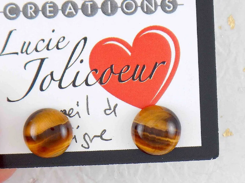 Ear studs with 10mm round golden tiger eye stone cabochons, stainless steel posts