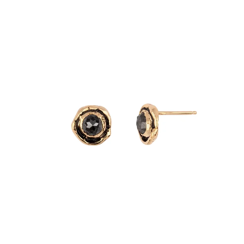 Woven fiber earrings-Small Charcoal Rustic Diamond Faceted Stone 14K Gold Stud