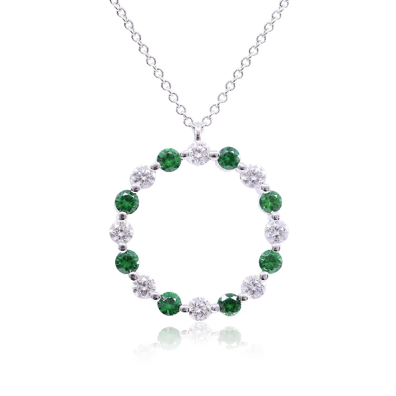 Dual birthstone necklaces-18K WHITE GOLD DIAMOND AND TSAVORITE GARNET CIRCLE PENDANT NECKLACE