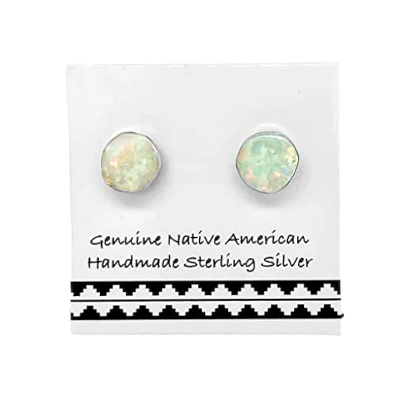 5mm Desert Opal Stud Earrings, 925 Sterling Silver, Native American USA Handmade, Synthetic Opal, Nickel Free, White