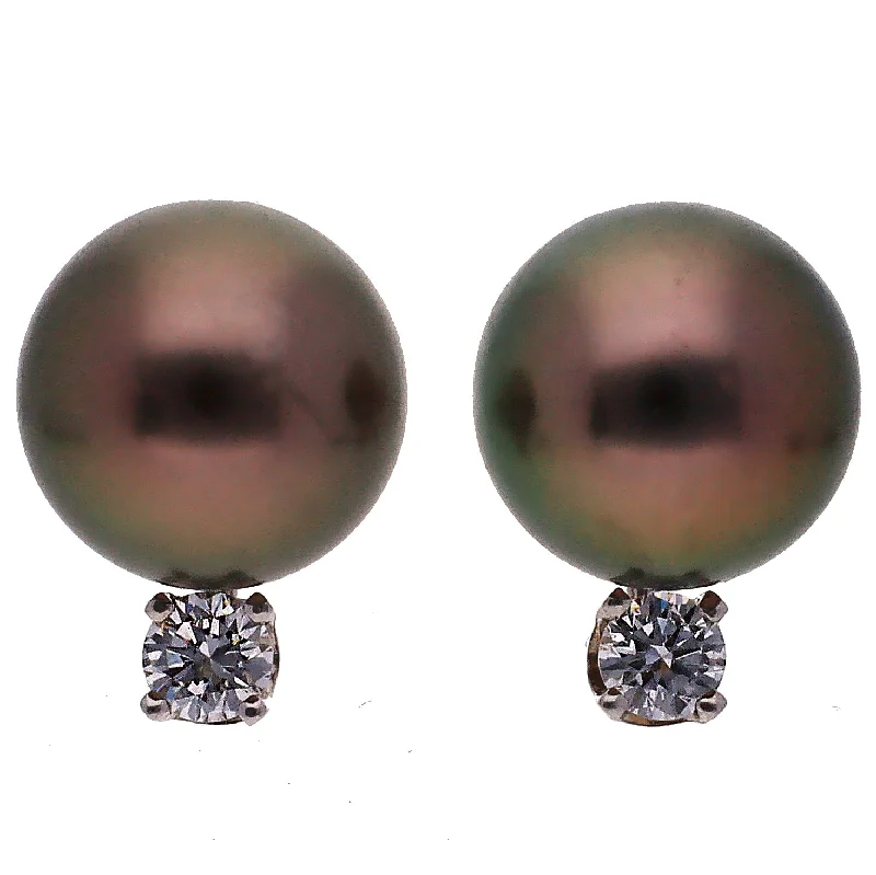 Square stud earrings-14K White Gold Tahitian Pearl and Diamond Earrings