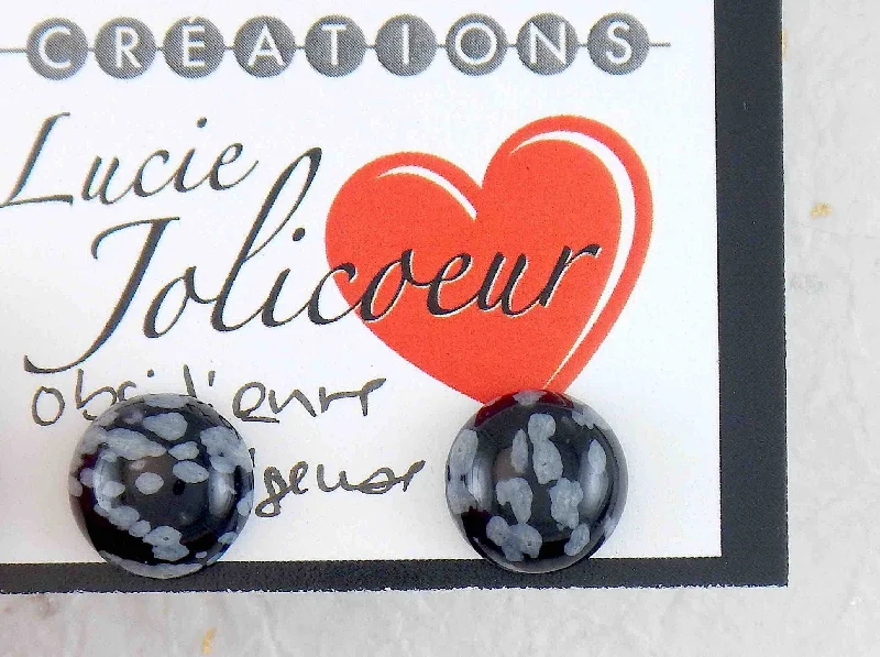 Ear studs with 10mm round snowflake obsidian stone cabochons, stainless steel posts