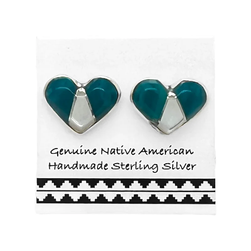 Genuine Turquoise Heart Stud Earrings, 925 Sterling Silver, Native American USA Handmade, Nickel Free