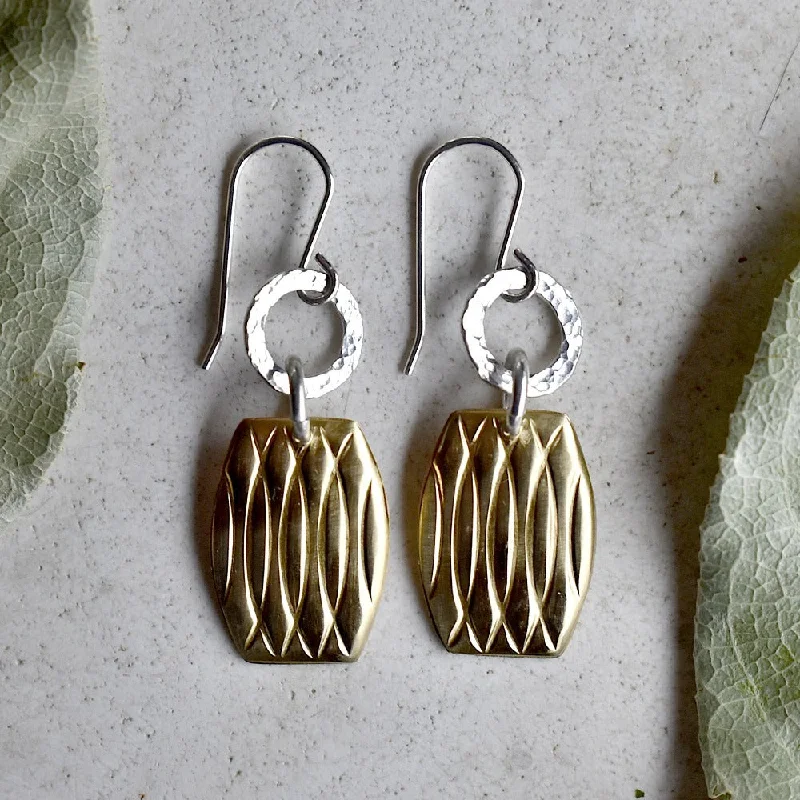 Cultured pearl earrings-Patterned Brass & Silver Drop Earrings