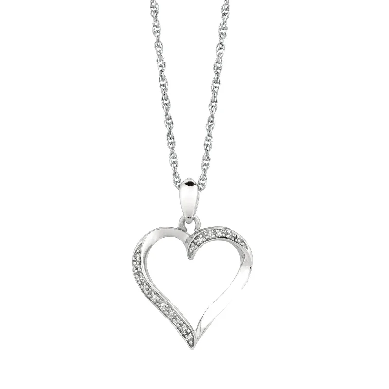 Long drop necklaces-Silver 18 inches Rhodium Finish Shiny 1.1mm Cable Chain with Lobster Clasp+0.05Ct Diamond Fancy Open Heart Pendant