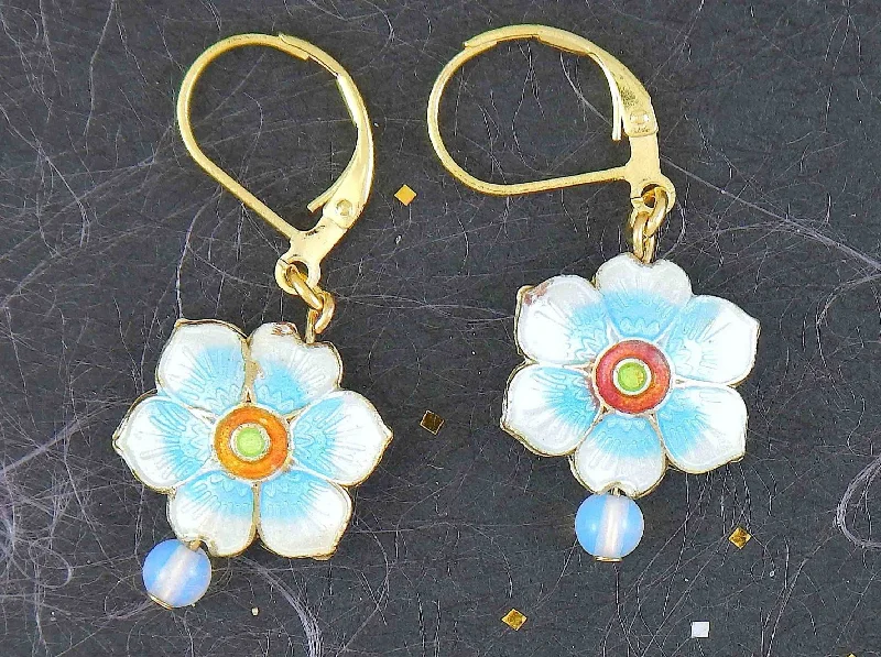 Short earrings with small enamelled flowers offered in 6 colours, synthetic moonstone (opalite), gold-toned stainless steel lever back hooks