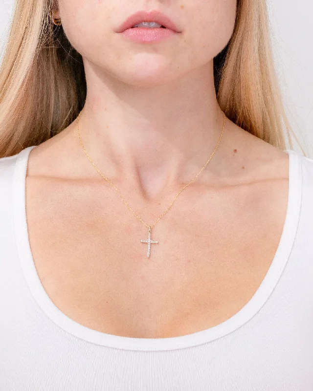 Oval drop necklaces-Floating Diamond Cross 14k Yellow Gold