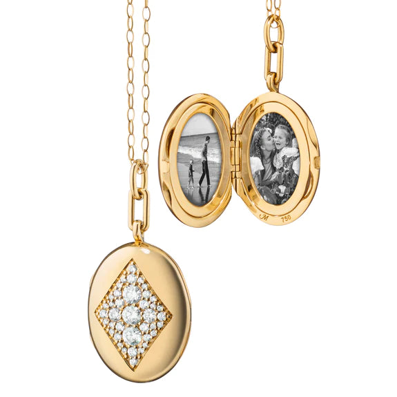 Glossy bead necklaces-MONICA RICH KOSANN 18K YELLOW GOLD OVAL ART DECO LOCKET DIAMOND NECKLACE