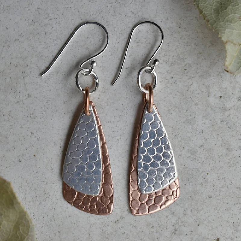 Slim wing earrings-'Cobblestone' Silver & Copper Double Drop Earrings