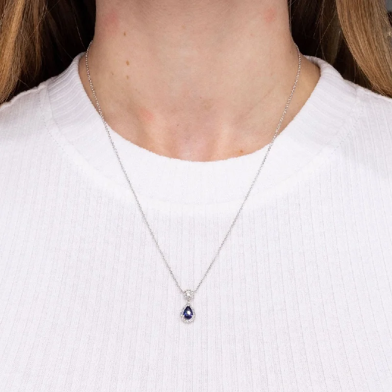 Ripple wave necklaces-Pear Blue Sapphire & Diamond Necklace