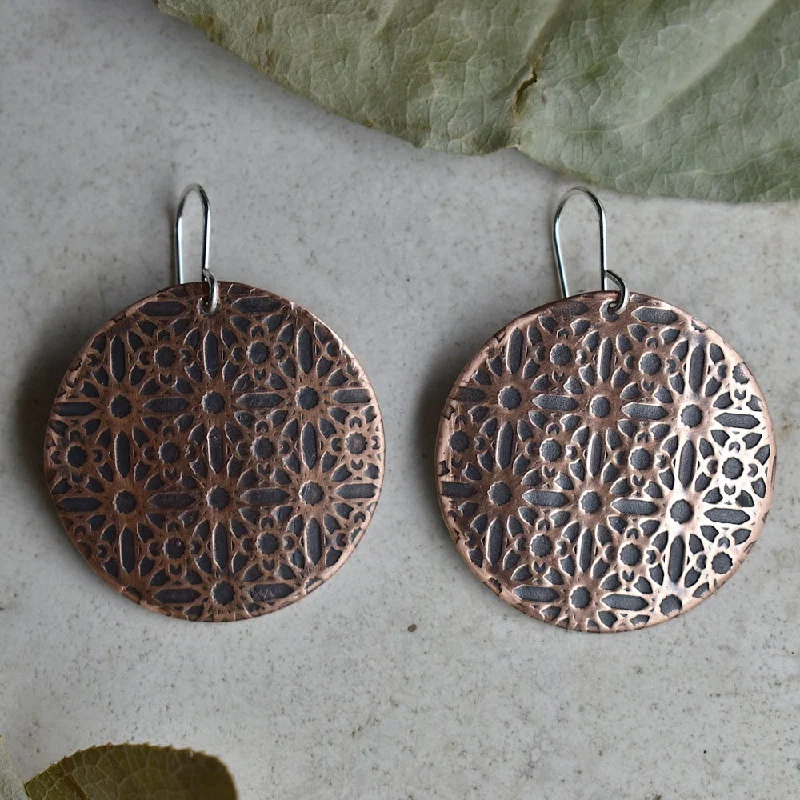 Oak wood earrings-'Lines & Circles' Large Copper Disc Drop Earrings