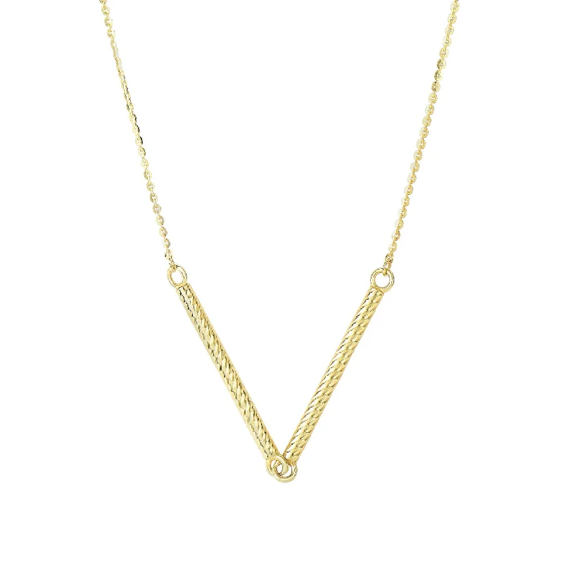 Twisted knot necklaces-14kt 18 inches Yellow Gold Shiny 2-1.7x25mm Long Textured Sideways Cylinder Shape Station On 0.87mm Diamon d Cut Cable Chain Type Necklace with Spring Ring C