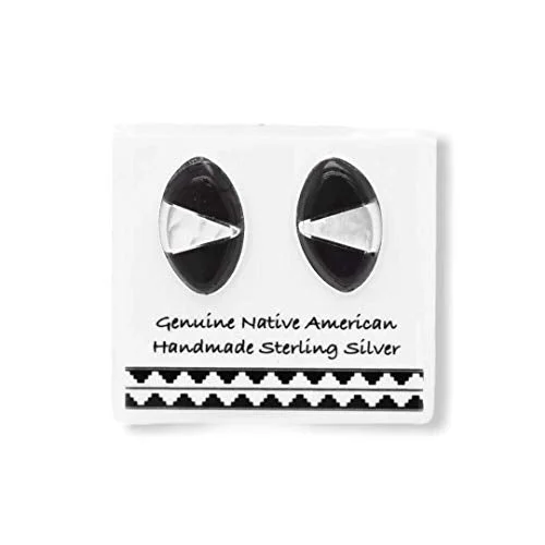 Genuine Black Onyx and Mother of Pearl Stud Earrings, Sterling Silver, Authentic Native American Handmade, Nickel Free