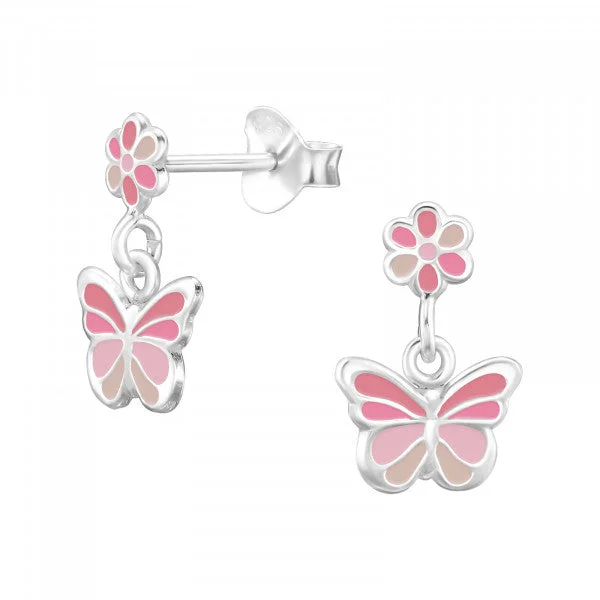 Stone weave earrings-Childrens Sterling Silver Pink Flower And Butterfly Earrings