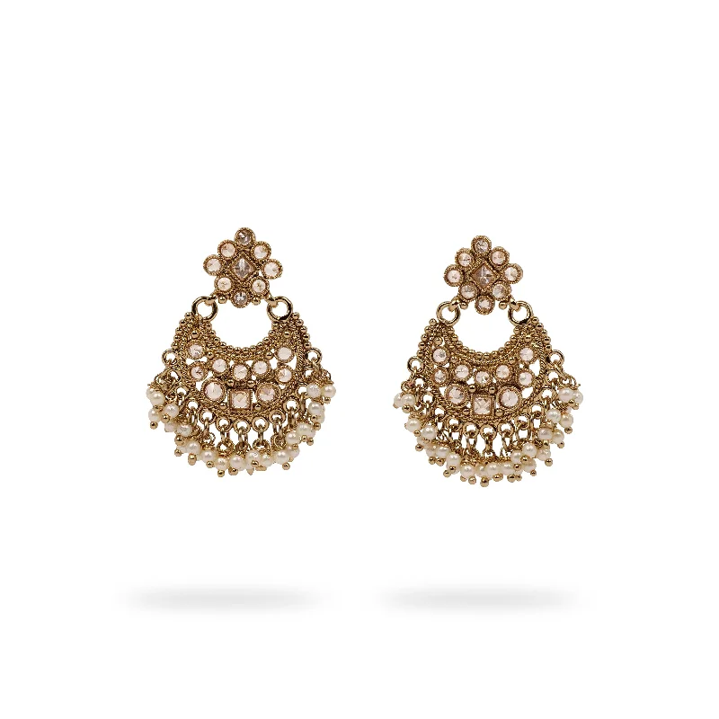 Pure crystal earrings-Pearl Cluster Chandbali Earrings in Antique Gold