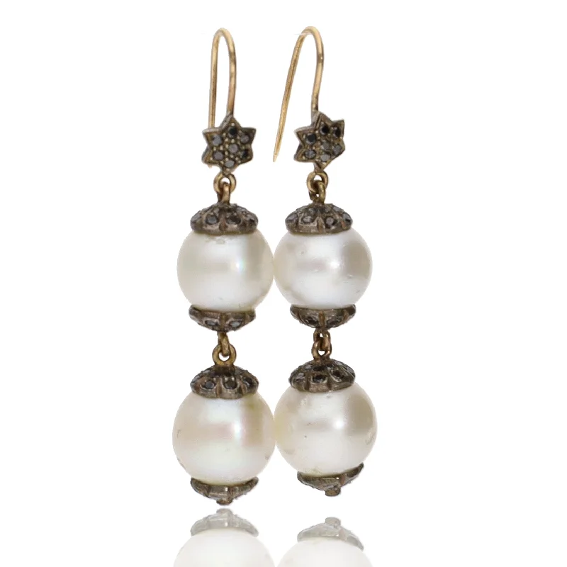 Astro charm earrings-Oxidized Sterling Silver and 14K Gold Pearl and Diamond Drop Earrings