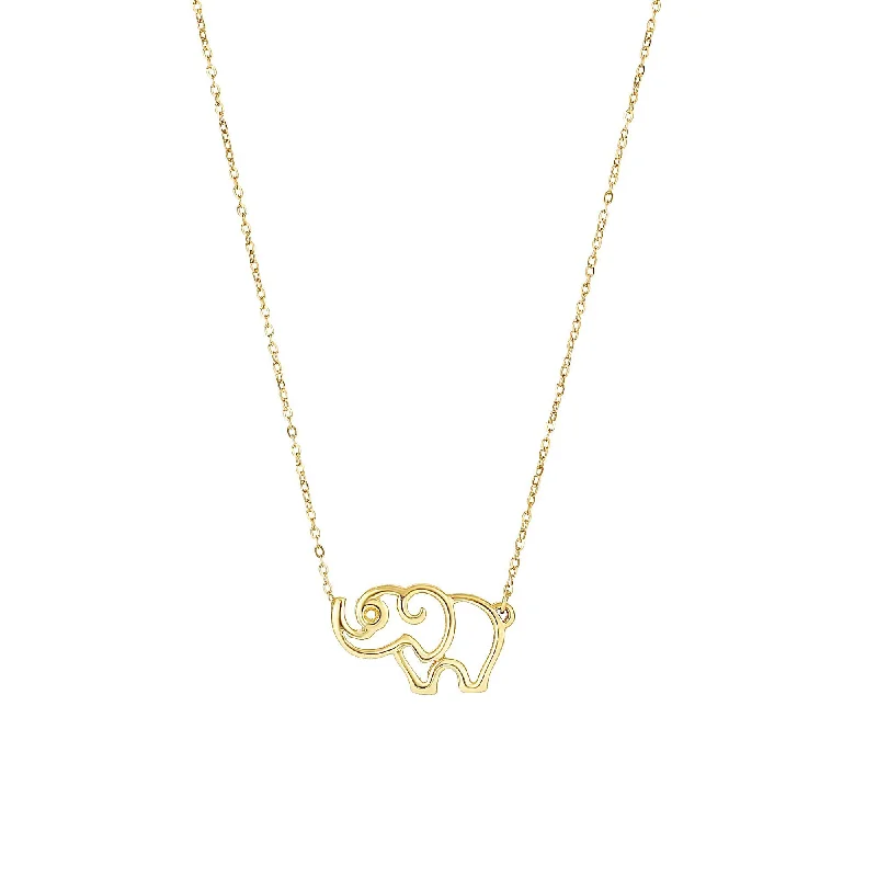 Bright name necklaces-14kt 17 inches Yellow 15x8mm Shiny Elephant Silhoutte Pendant Anchored to 0.8mm Shiny Flat Oval Cable Chain with Spring Ring Clasp