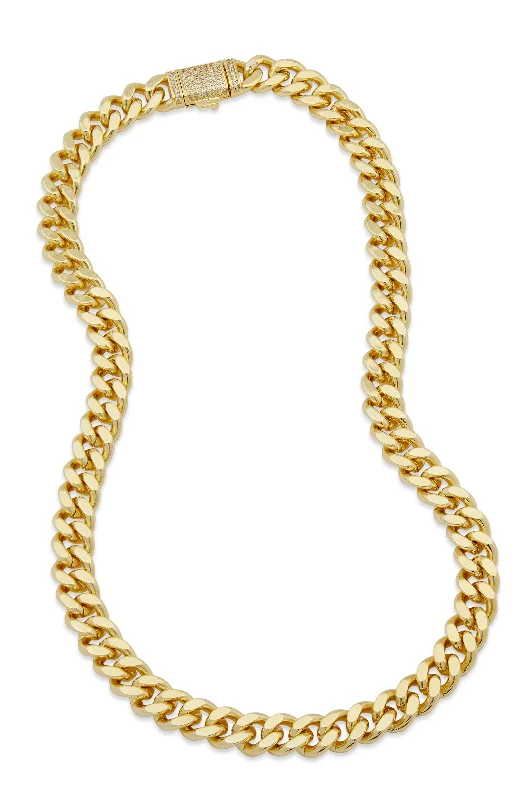 Fine thread necklaces-18K GOLD PLATED CUBAN LINK NECKLACE  WITH A CZ CLASP ACCENT