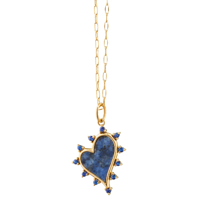 Rustic style necklaces-MONICA RICH KOSANN 18K YELLOW GOLD SODALITE HEART AND BLUE SAPPHIRE ACCENT CHARM NECKLACE