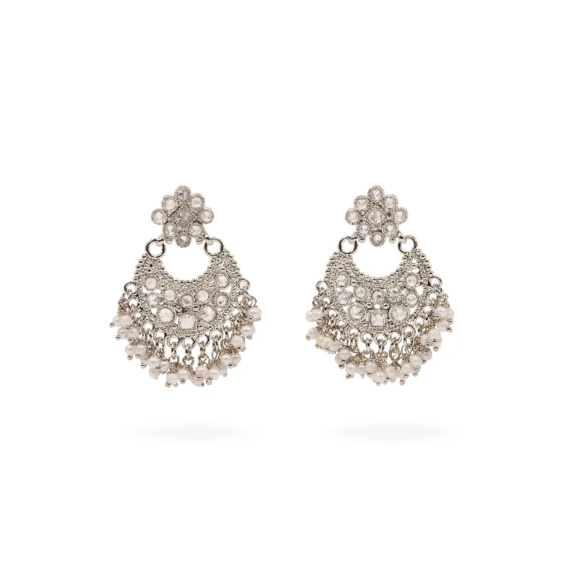 Reed style earrings-Pearl Cluster Chandbali Earrings in Pearl  and Rhodium