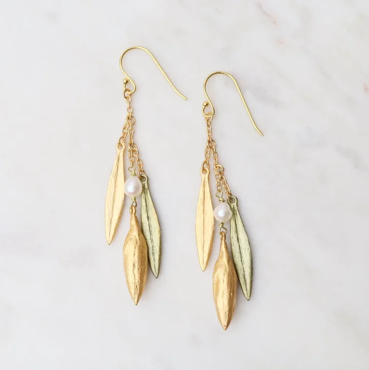 Clear gem earrings-Leaf & Bud 3 Leaf Pearl Drop Earrings