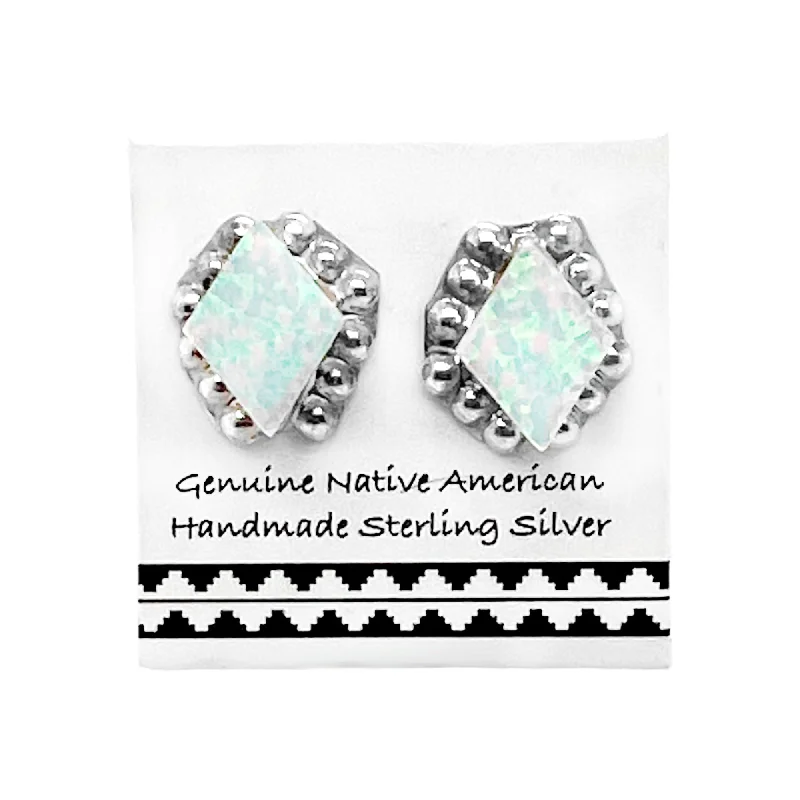 Desert Opal Stud Earrings, 925 Sterling Silver, Native American USA Handmade, White Synthetic Opal