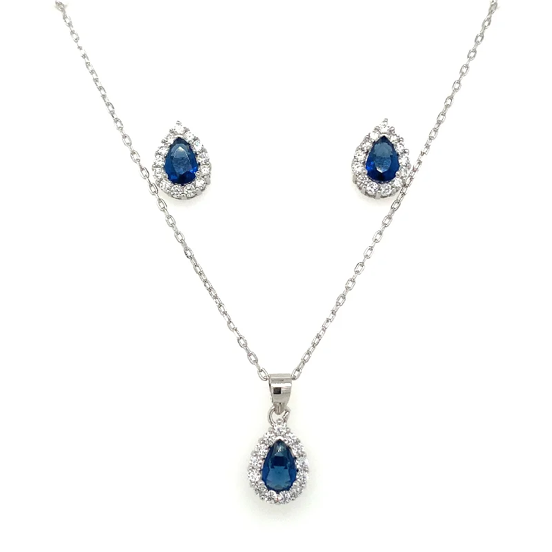 Solid hoop earrings-Sterling Silver Cz Sapphire Halo Earring And Pendant Set