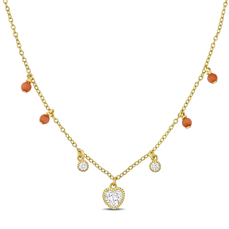 Classic locket necklaces-Mimi & Max Heart Round-Cut Created White Sapphire & Pink Bead Station Necklace Yellow Silver